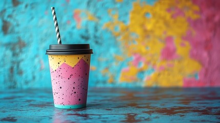 Aufkleber - A decorative paper cup featuring a geometric design in pink, yellow, and blue sits on a textured surface. The backdrop is an explosion of vibrant colors, creating a lively atmosphere.