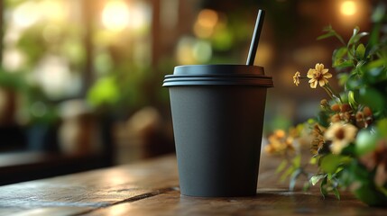 Poster - A dark coffee cup with a straw sits on a rustic wooden table beside vibrant greenery and delicate flowers. Warm light enhances the inviting atmosphere in the cafe.