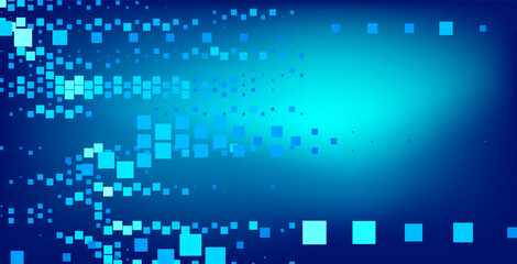 Poster - Digital abstract background featuring a pattern of blue and turquoise squares of varying sizes, scattered across a dark blue backdrop. Cover for technology and digital-themed designs.