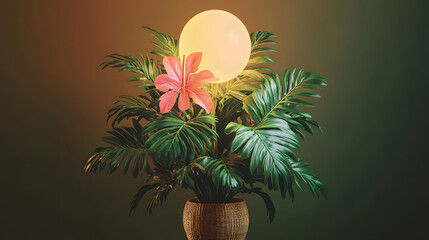 Wall Mural - minimalist design featuring a potted plant illuminated by a soft light creating a calming and inviti