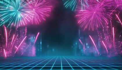 Poster - Pink And Blue Fireworks Over Cityscape At Night With Neon Grid