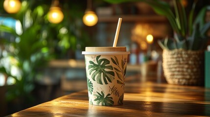 Aufkleber - A biodegradable cup adorned with tropical leaves sits on a wooden table in a cozy cafe, illuminated by warm, ambient lighting and surrounded by lush greenery.