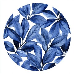 dark blue leaf round frame. watercolor illustration of indigo foliage on white background