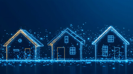Fototapete - Three digital houses illuminated in blue and yellow, surrounded by glowing particles, representing technology and modern architecture