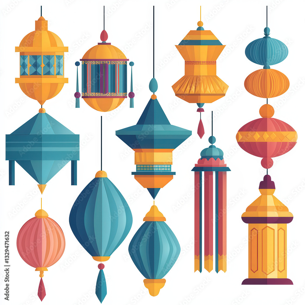 Colorful hanging lanterns in various shapes and designs create festive atmosphere. These vibrant decorations enhance any celebration or event