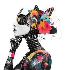 Wall Mural - png paper collage of fashion robot thinking colorful abstract elements.