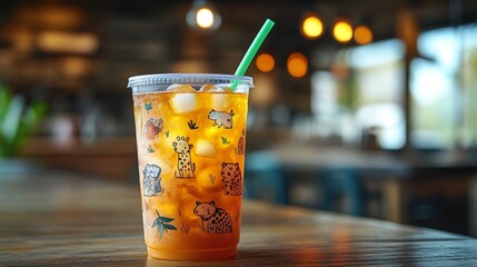Poster - A refreshing iced beverage is placed on a wooden table in a cozy cafe. The cup features playful animal illustrations, complementing the warm ambiance of the afternoon.