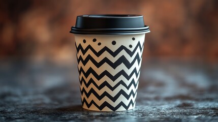 Aufkleber - A coffee cup featuring a unique zigzag pattern sits on a textured surface. Bright lighting enhances the cup's design, creating a warm atmosphere.