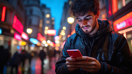 Man reading information from the phone on evening street