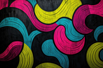 Wall Mural - abstract art with vibrant pink, teal, and yellow curved lines on a dark background.