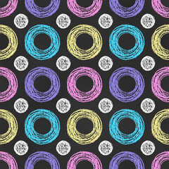 Wall Mural - Seamless Grunge Pattern of Chalk Drawn Sketches Colored Circles on Dark Blackboard. Symmetrical Vintage Print.