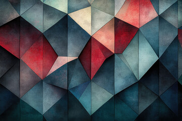 Wall Mural - abstract geometric pattern of textured triangles in dark blue, red, and beige tones.