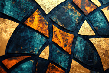 Wall Mural - abstract geometric art featuring teal, gold, and burnt orange textured shapes.