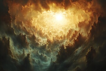 Wall Mural - a breathtaking view of a bright light bursting through dramatic, swirling clouds in the sky