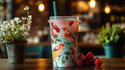 Poster - A vibrant drink cup adorned with illustrations of birds and flowers sits on a wooden table. Fresh raspberries are placed beside it, enhancing the natural look of the setting.