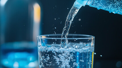 Testing water TDS using an electronic pH meter filtering pure water into a glass with a softener for drinking suitability evaluation