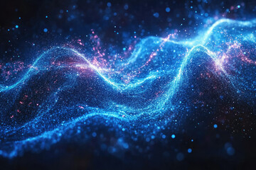 Poster - Abstract blue and pink particle wave, glowing, cosmic, dynamic, energy, vibrant, technology, futuristic, digital, motion, background, design.