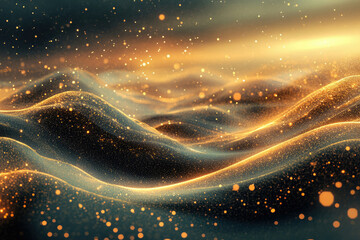 Poster - Golden, glittering waves of particles shimmer and flow, creating a celestial, dreamy landscape.