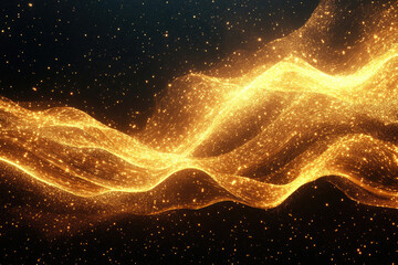 Poster - Golden glittering particles flowing like a wavy river in the dark night sky.