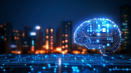 AI Unsupervised Learning with Large Language Models (LLM). A futuristic brain composed of digital circuitry against a city skyline at night.