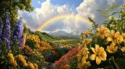Wall Mural - a peaceful nature scene of a rainbow appearing after the rain over a field of colorful flowers.