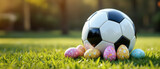 Soccer Ball and Easter Eggs on Grass banner. a soccer ball placed in the center, with several Easter eggs clustered at its base. On lush green grass, with a blurred background of trees and sunlight