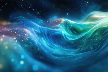 abstract swirling nebula with glittering particles, cosmic waves of turquoise and teal.