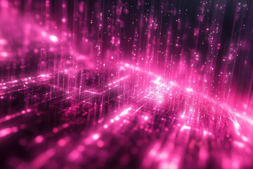 Poster - Abstract digital art depicting a futuristic cityscape with glowing pink lines and particles, symbolizing data flow and technological advancement.
