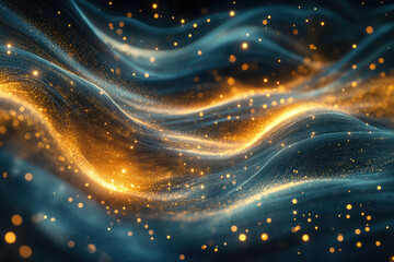Poster - Abstract image of glittering, golden and blue waves, sparkling particles creating a luxurious, dynamic flow.
