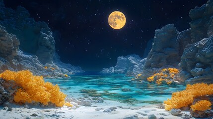 Wall Mural - Glowing Coral Reef Seascape Bathed in Moonlight and Starry Sky