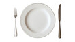 © Subin - Empty white plate with fork and knife set on a table, ready for a meal.