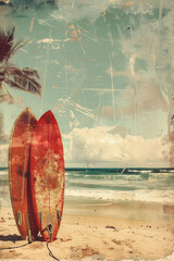 Wall Mural - surfboard on tropical beach background. vintage tone color style. generative ai