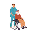 © Paper Trident - Nurse assisting old disabled man. Caregiver cares about elderly person in wheelchair. Carer helps senior, ill grandfather in wheel chair. Flat isolated vector illustration on white background