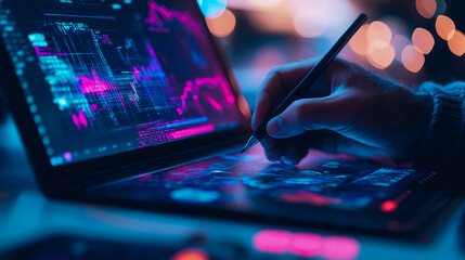 Concept: Data analysis. Development using digital pen, code, and laptop on a blurred background for print, card, poster.