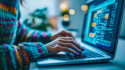 Typing on Portable Computer, Programming Concept, Remote Work: Close-up of woman's hands on keyboard with program code on screen