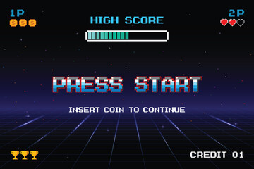 Wall Mural - press start. insert a coin to continue. pixel art. 8 bit game. retro futurism sci-fi background. glo
