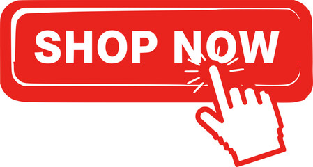 Shop now red button with hand cursor. Buy now hand pointer clicking. Click here banner with shadow. Click button isolated. Online shopping. Vector illustration.