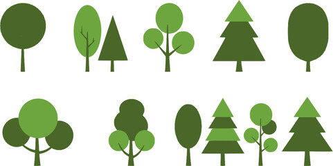 Wall Mural - Green tree vector icon set. Wood with leaf natural collection in flat style. Tree simple different logo design elements.
