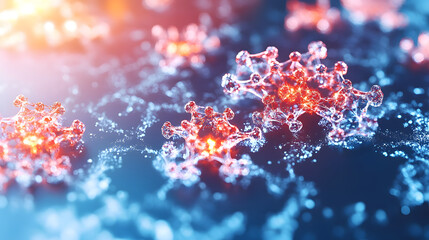 Wall Mural - bright blue background featuring a molecular structure with abstract concept sketches of fractals fo