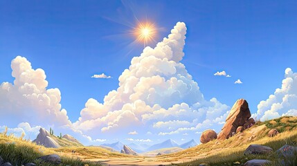 Wall Mural - fluffy clouds in a peaceful blue sky with the warm glow of the sun above.