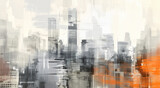 Nowoczesny, abstrakcyjny pejzaż miejski w stylu malarskim. Dynamiczna panorama metropolii z pomarańczowym akcentem, idealna jako tło.
