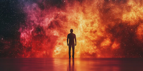 Wall Mural - Silhouette of a person standing before a vibrant colorful nebula or cosmic background.