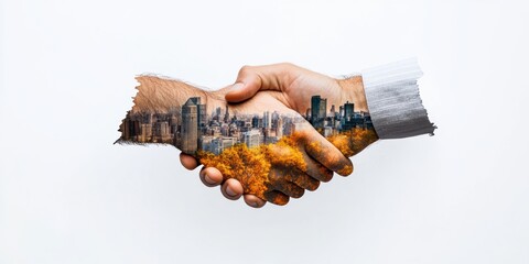 Leinwandbilder - Hybrid Urban Fusion Innovative Corporate Partnership Visualization with Immersive Double Exposure Handshake Signaling Global Business Transformation and Digital Connectivity