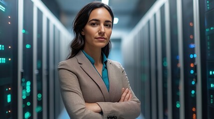 computer security concept, professional woman in a data center showcasing technology expertise.