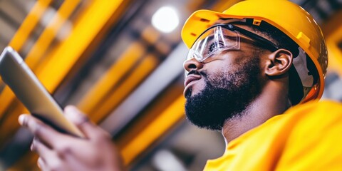 Poster - AI-Driven Industrial Productivity Next-Gen Manufacturing Worker Analyzing Real-Time Digital Metrics with Intelligent Tablet Technology in Advanced Smart Factory Environment