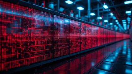 Futuristic data center filled with vibrant red lights and intricate patterns, showcasing advanced technology and innovation.