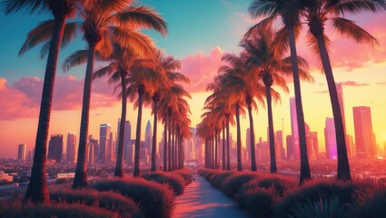 Wall Mural - view of the skyline at sunset with palm trees.