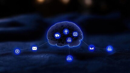 Blue digital brain with network icons, symbolizing AI and connectivity.