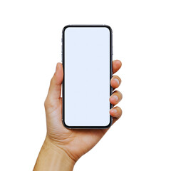hand holding smartphone mockup as png photo with blank screen isolated on white background. mobile p