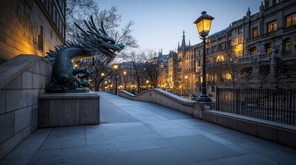 Poster - Dragon sculpture at dusk historic city center urban photography serene atmosphere architectural perspective